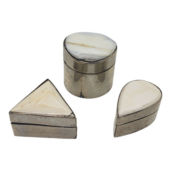 Vintage Silver Trinket Jewelry Pill Stash Box Set Shell Inlay Geometric 3 pcs - Picture 1 of 10